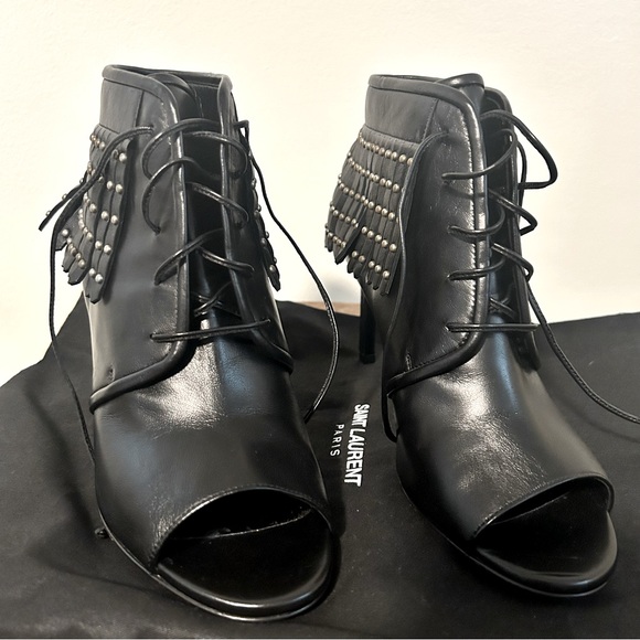 Saint Laurent NWT Black Leather Studded Fringe Open Toe Lace Up Booties Size 35 - Picture 7 of 10